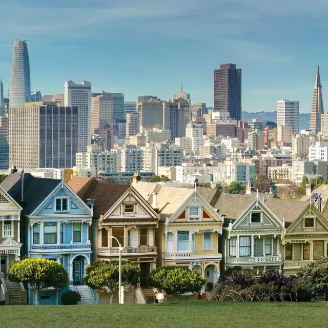 I picnic si siedono sull'erba ad Alamo Square Park con le Painted女士 e lo skyline 来自贝博体彩app sullo sfondo.